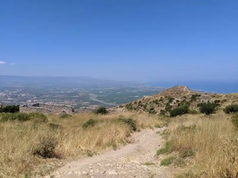 Ancient path on Acrocorinth with coastal views